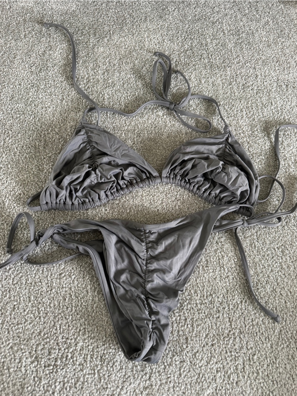 Frankie’s Bikinis Grey Scrunch Bikini Set Size Medium Like New